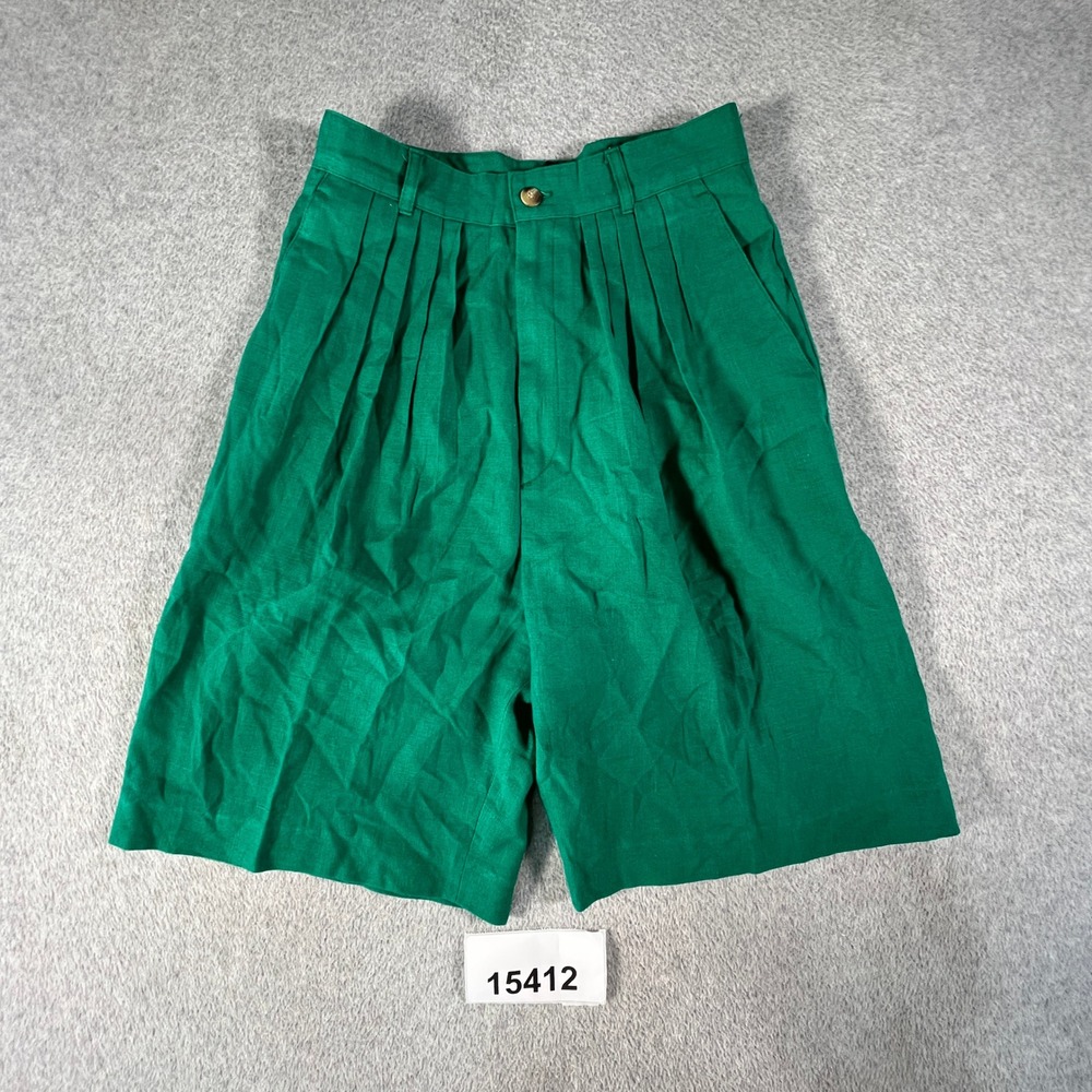 Ambitions Shorts Women 8 Green Pleated Linen Regular Fit Flat Front High Waisted